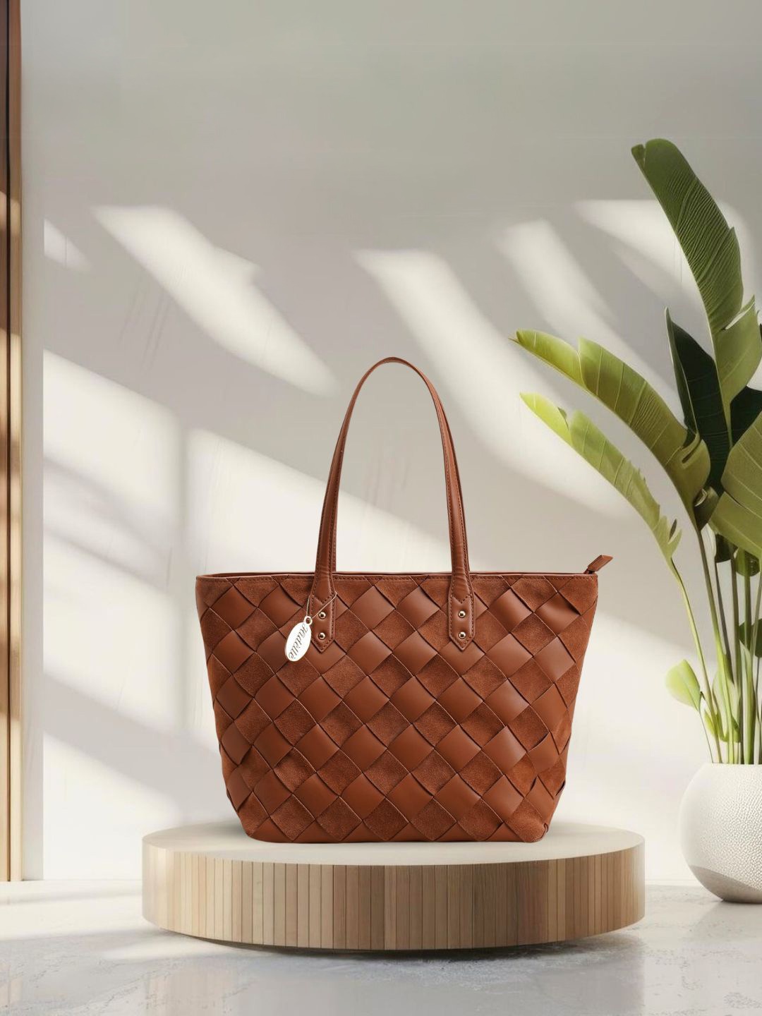 

Hidelle Leather Oversized Shopper Tote Bag with Quilted, Tan
