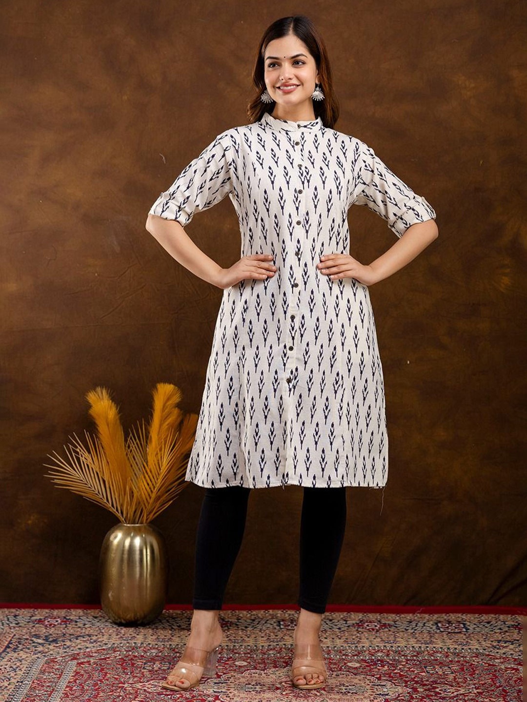 

TRIVEDI Floral Printed Pure Cotton Mandarin Collar A-Line Kurta, White