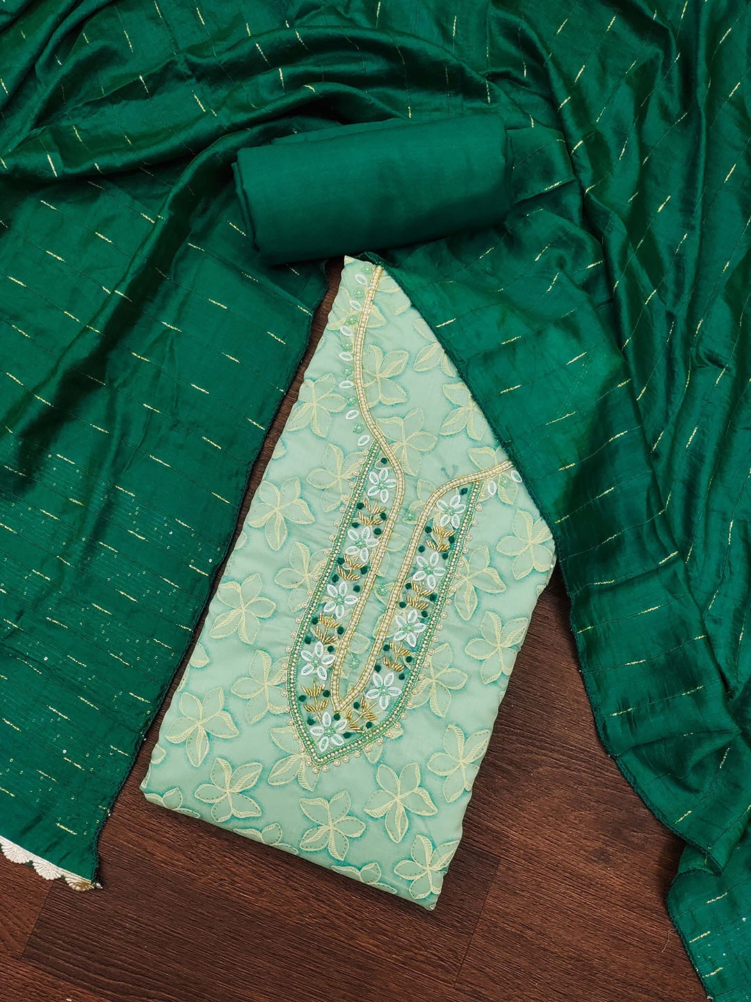

SHADOW & SAINING Floral Printed Beads & Stones Modal Cotton Unstitched Dress Material, Green