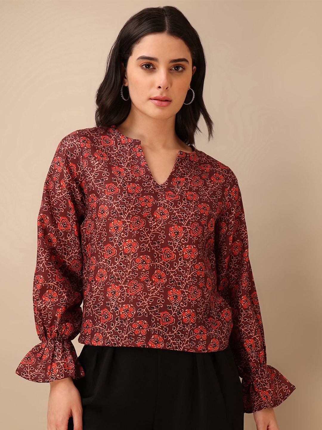 

OBSHIVKA Women Floral Printed Ruffles Ethnic Cotton Shirt Style Top, Coffee brown