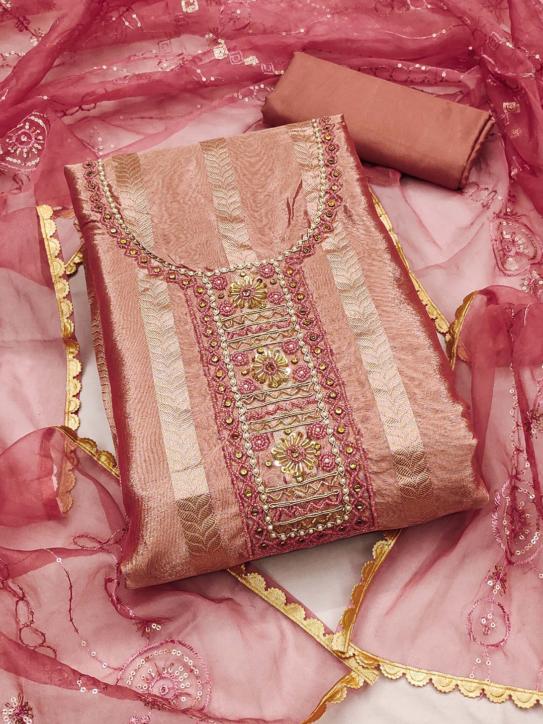 

SHADOW & SAINING Floral Woven Design Zari Unstitched Dress Material, Pink