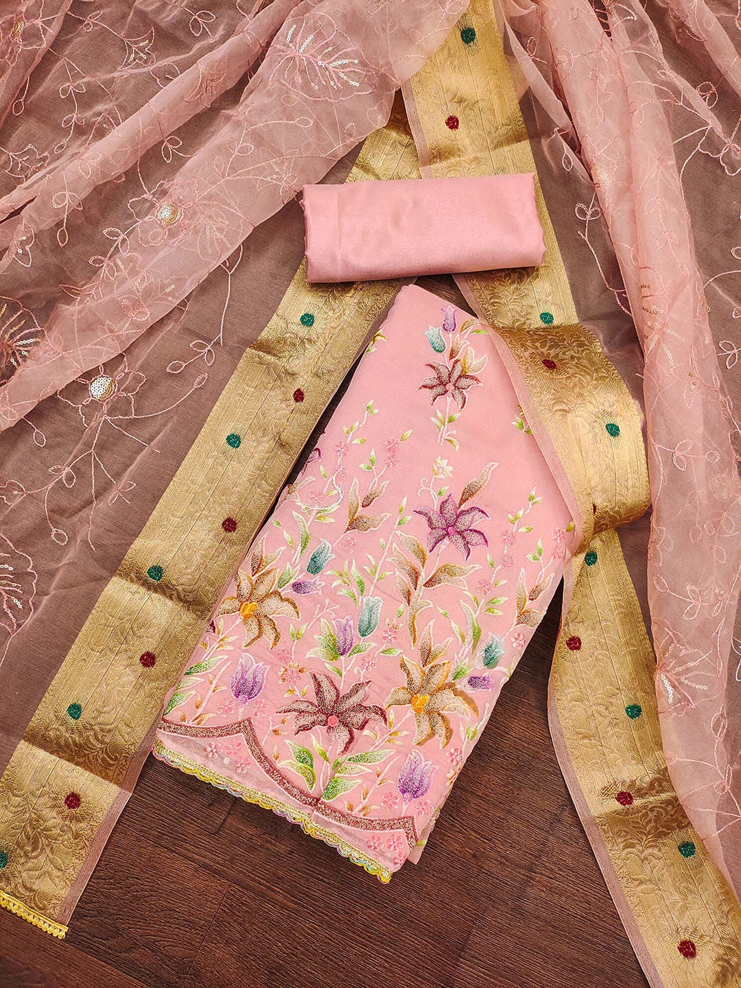 

SHADOW & SAINING Floral Printed Organza Unstitched Dress Material, Pink