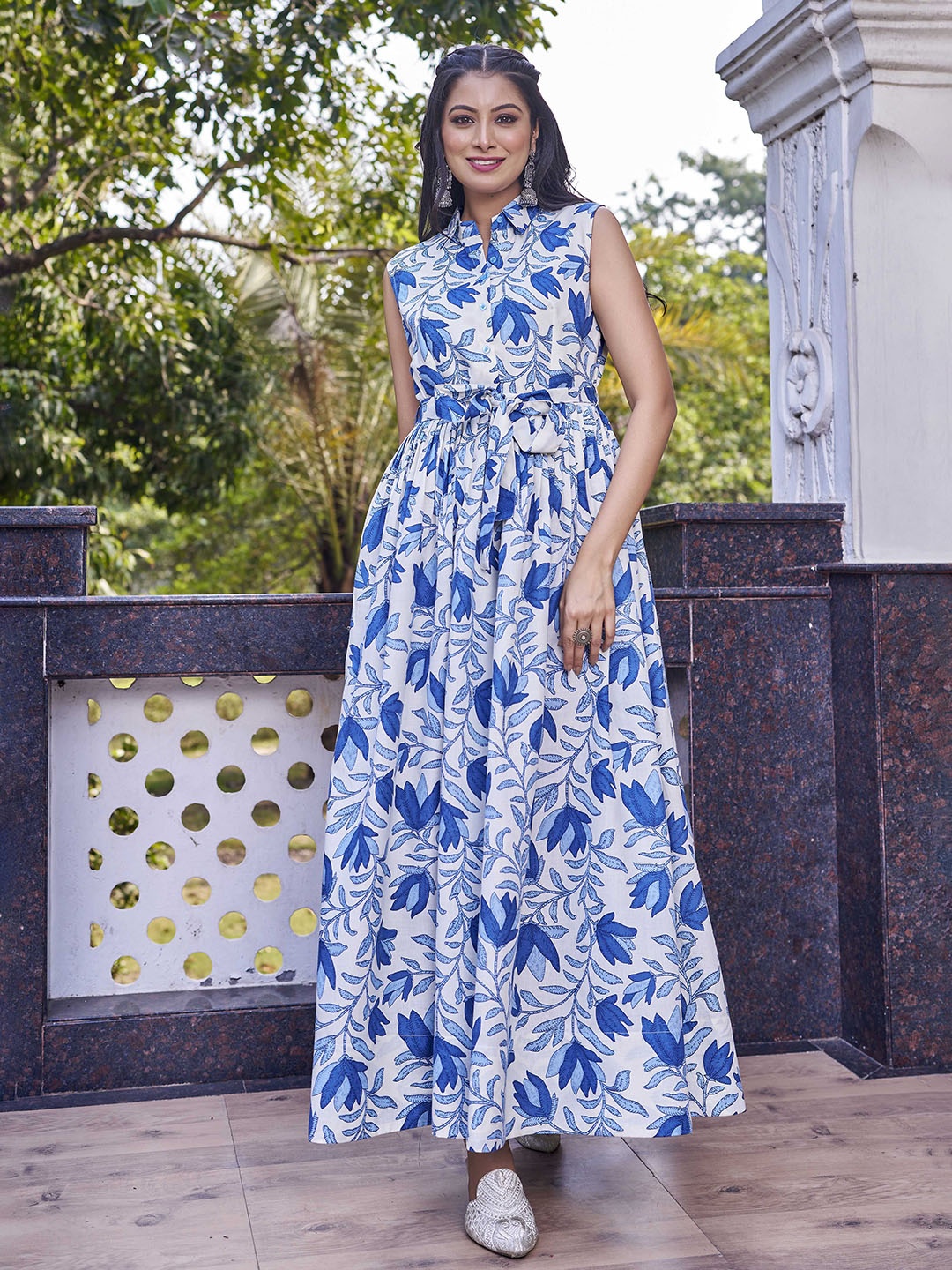 

CHANSI Women Floral Printed Shirt Collar Sleeveless Fit & Flare Maxi Dress, White