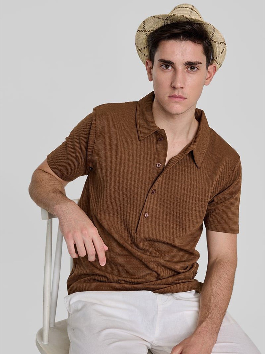 

Snitch Self Design Polo Collar Short Sleeves Slim Fit T-Shirt, Brown