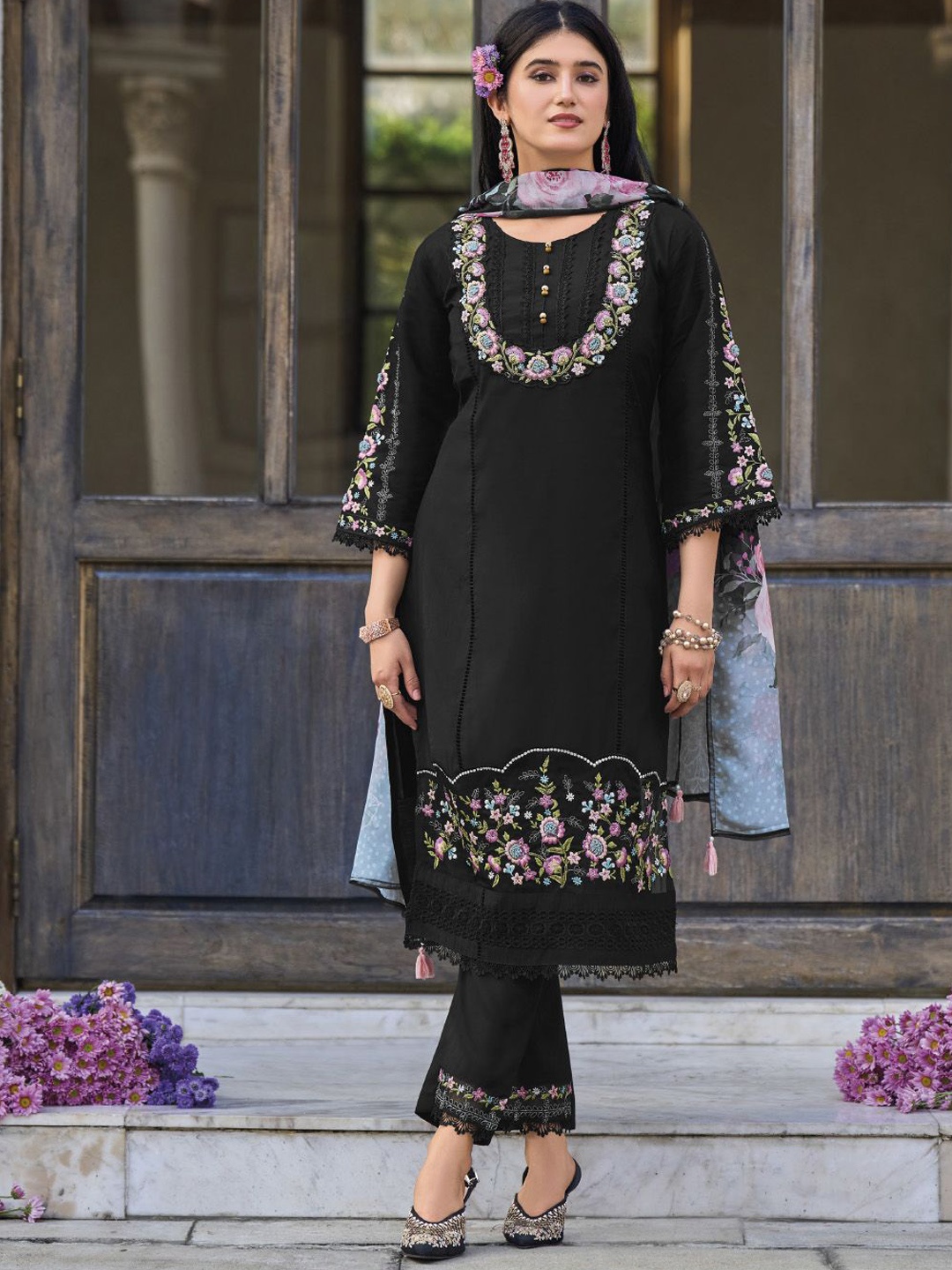 

Varanga Floral Embroidered Thread Work Pure Cotton Straight Kurta With Trouser And Dupatta, Black