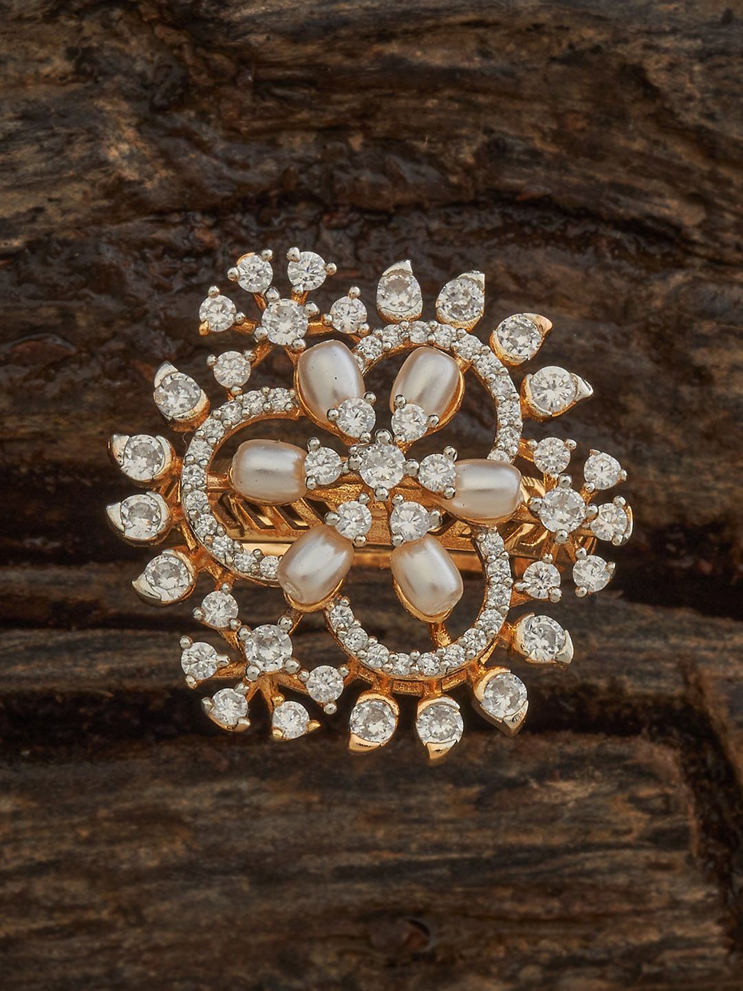 

Kushal's Fashion Jewellery Gold-Plated Cubic Zirconia Studded & Beaded Finger Ring