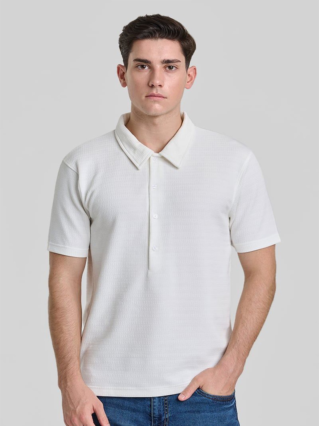 

Snitch Self Design Polo Collar Short Sleeves Slim Fit T-Shirt, White