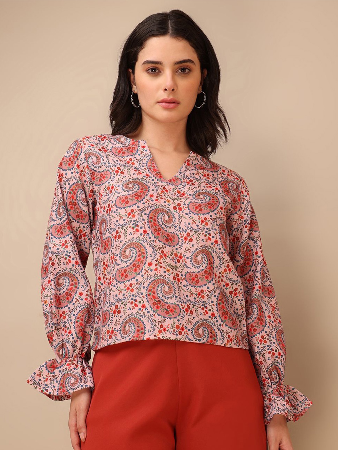 

OBSHIVKA Women Paisley Printed Ethnic Cotton Top, Peach