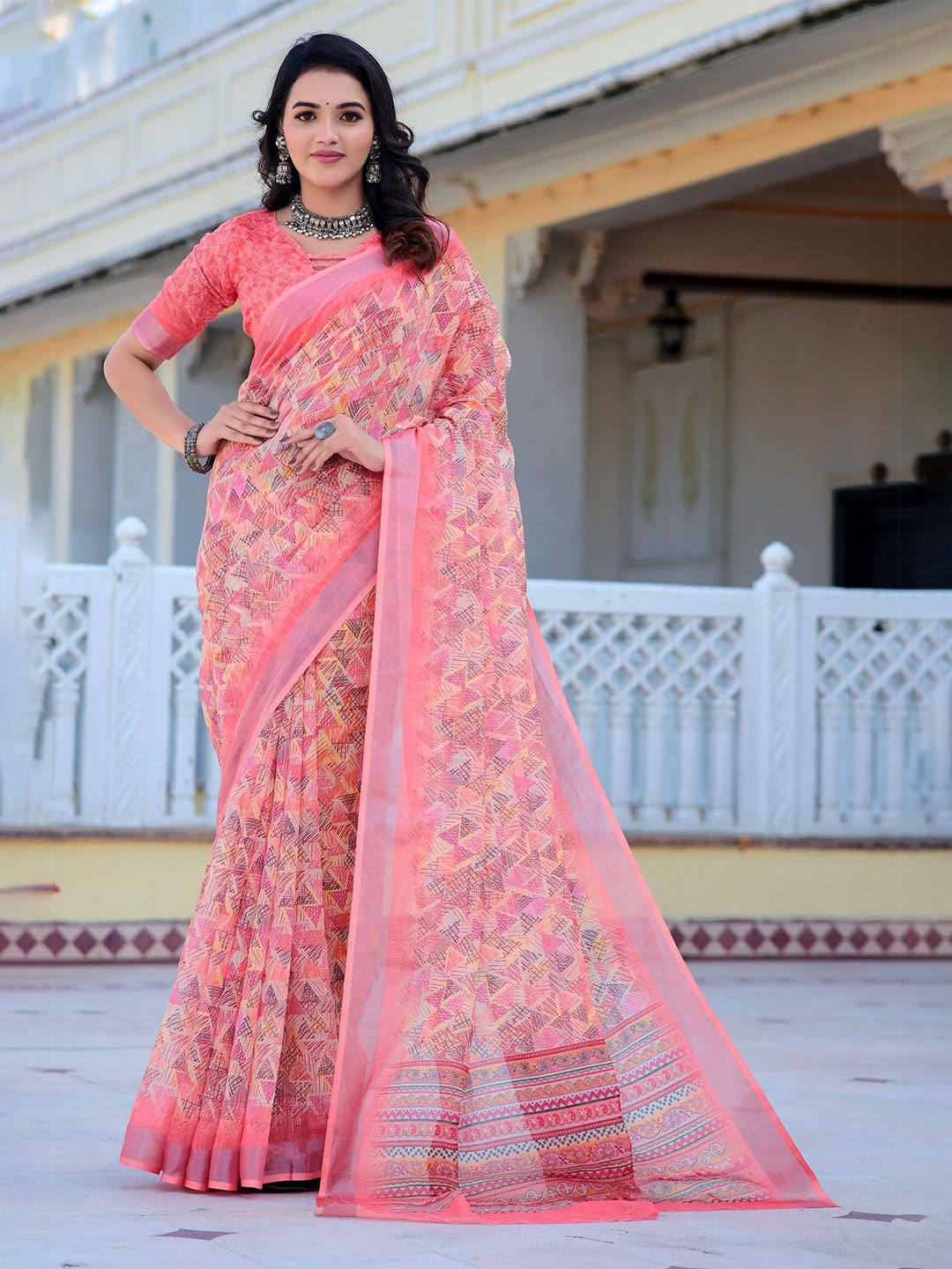 

ORUS Abstract Printed Pure Cotton Saree, Peach