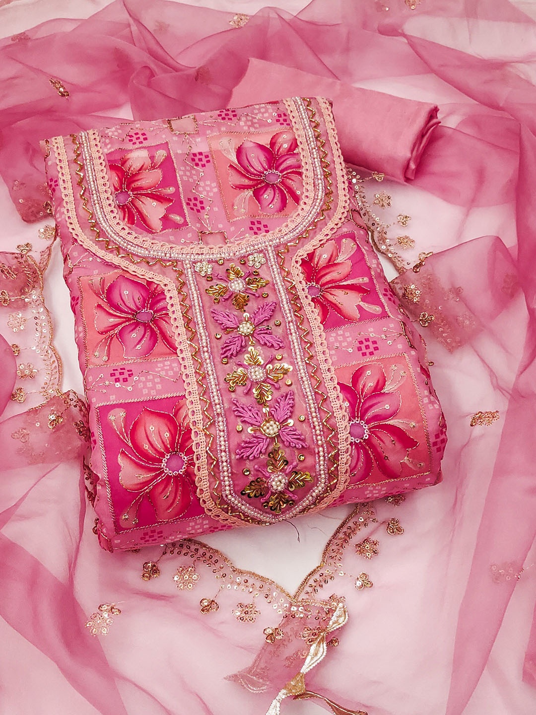 

SHADOW & SAINING Embroidered Organza Semi-Stitched Dress Material, Pink