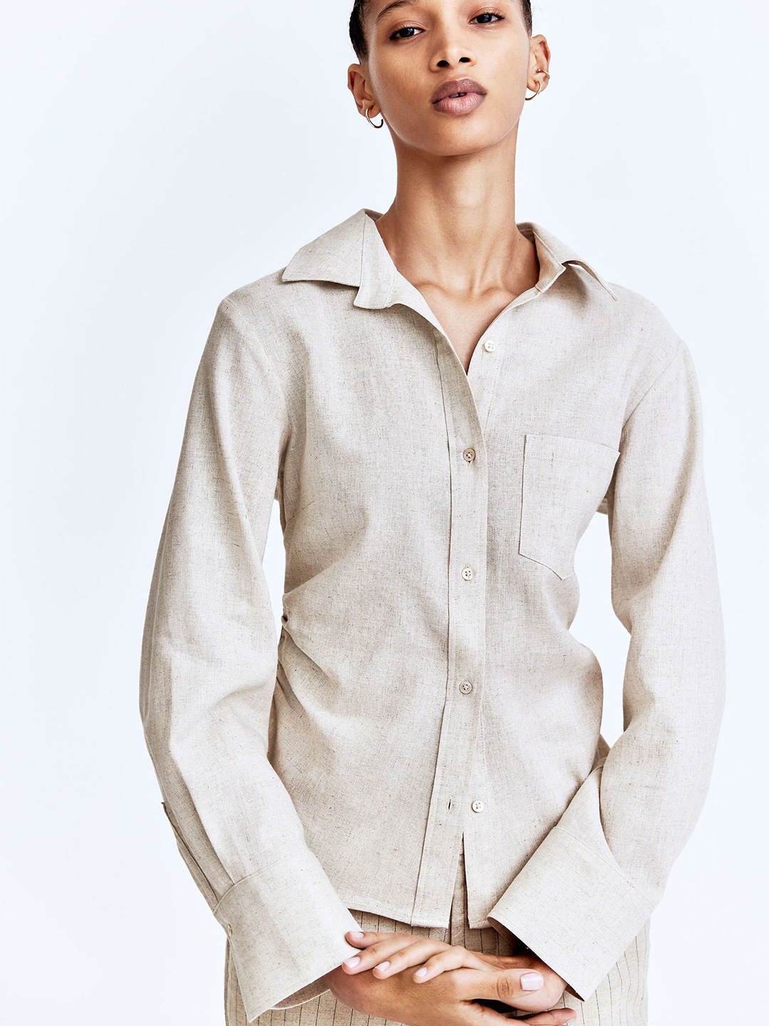 

H&M Gathered Linen-Blend Shirt, Beige