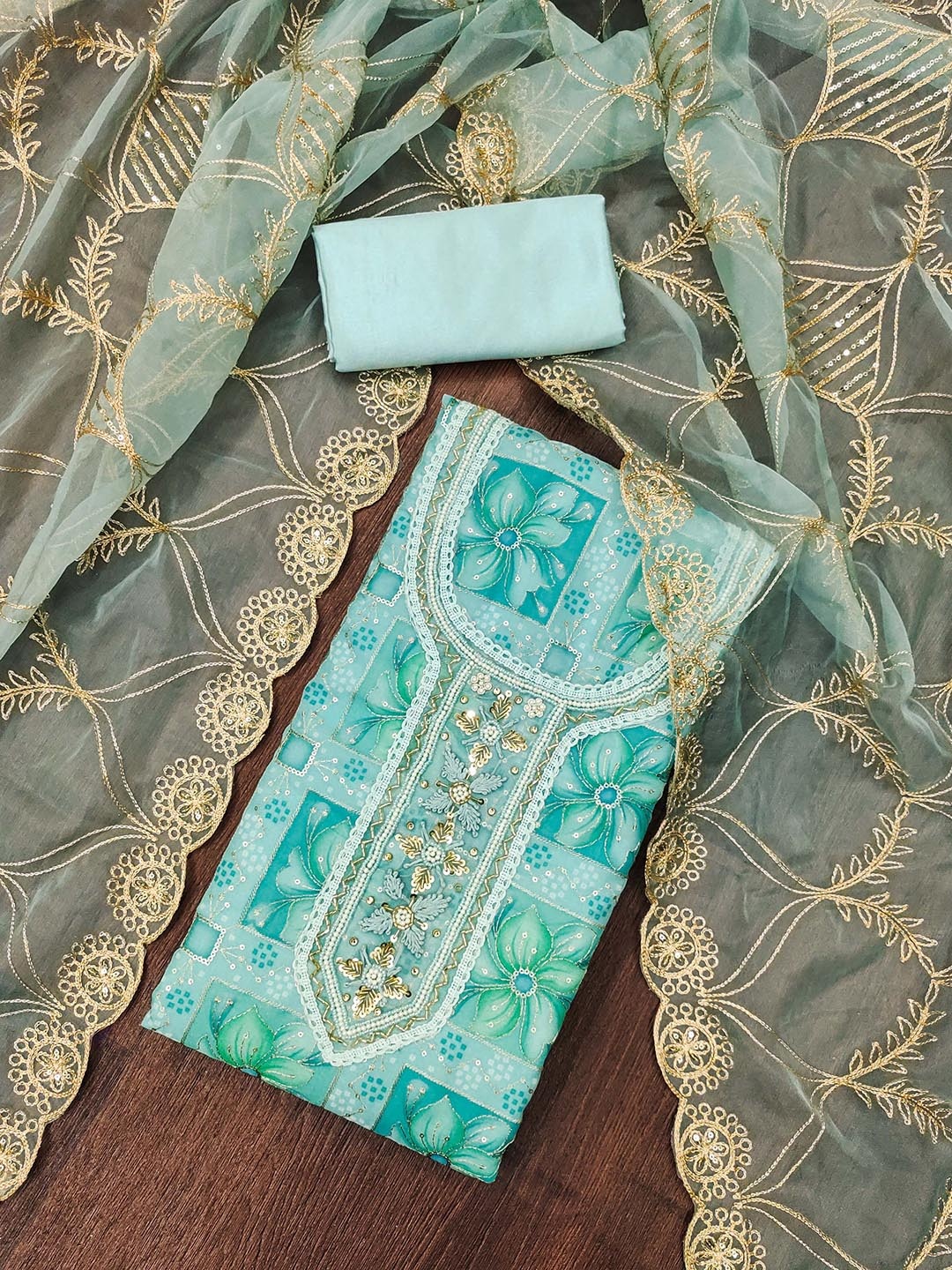 

SHADOW & SAINING Floral Printed Beads & Stones Organza Semi-Stitched Dress Material, Sea green