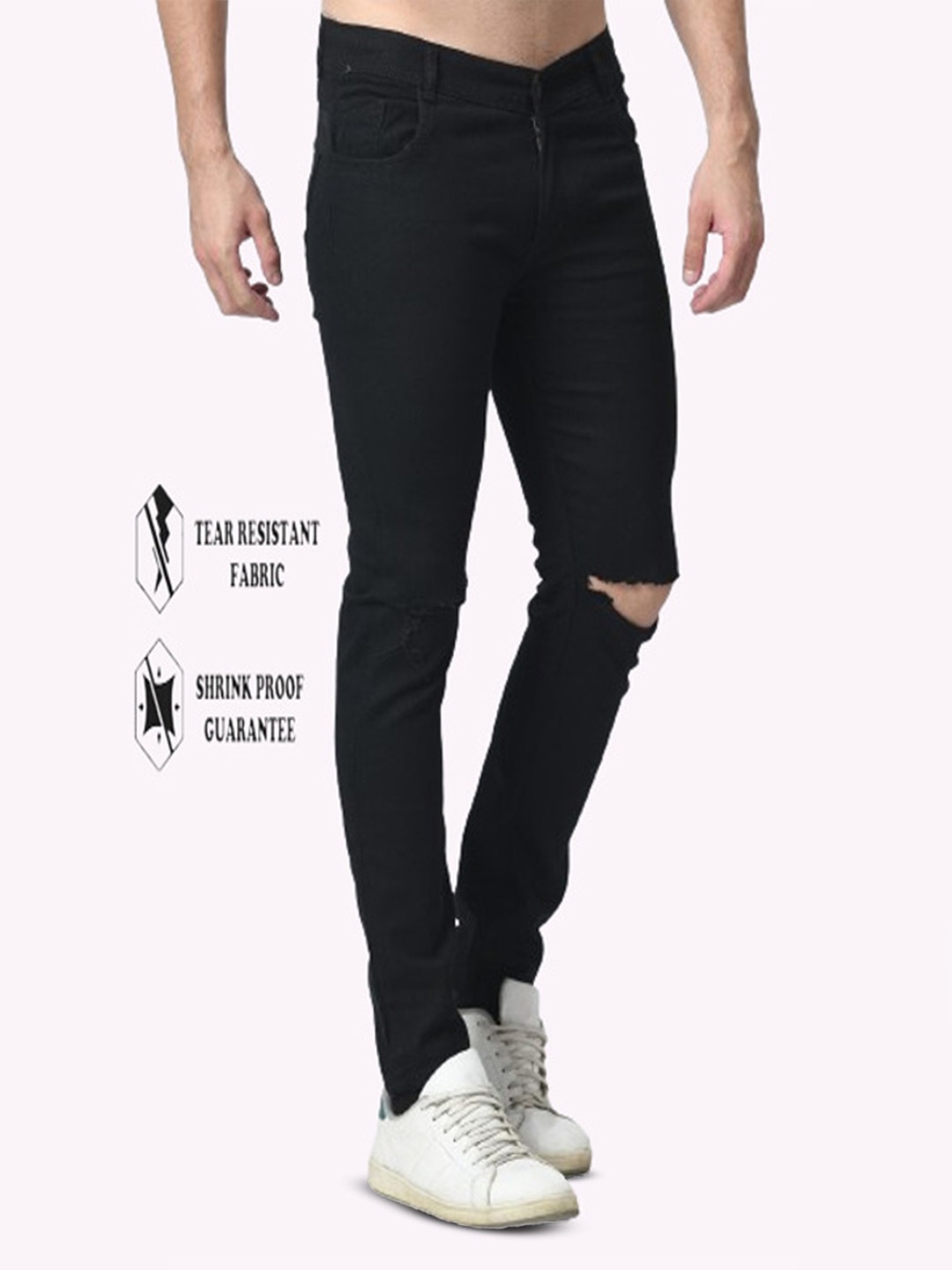 

COMFITS Men Classic Regular Fit Slash Knee Cotton Stretchable Jeans, Black