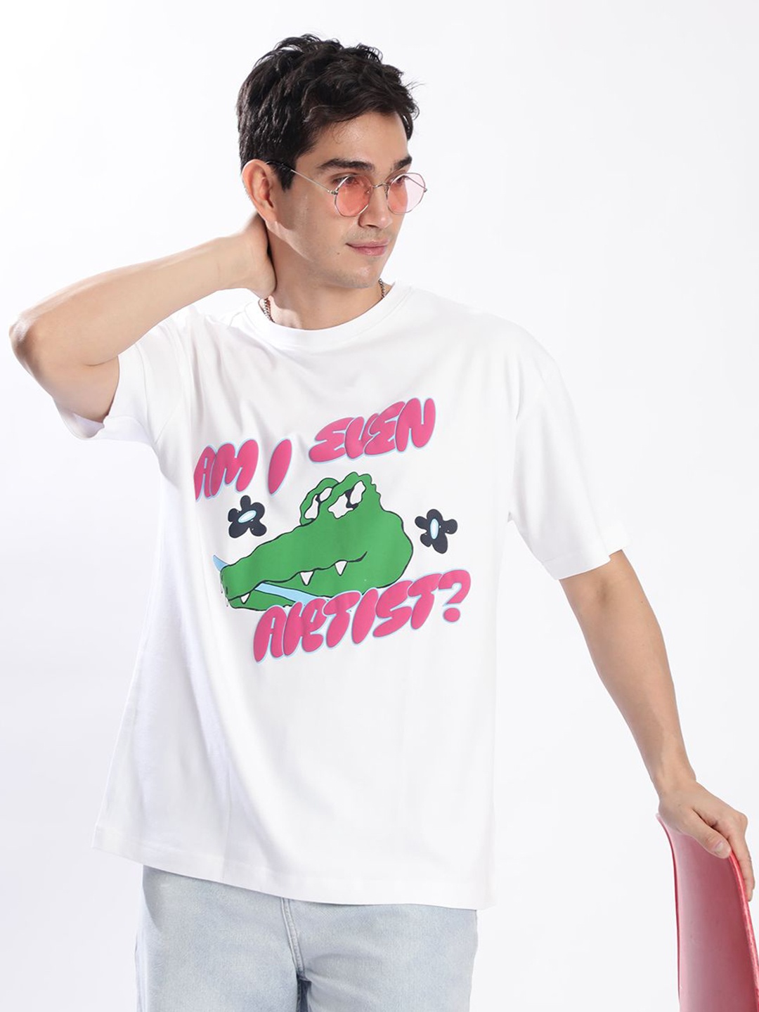 

Bene Kleed Graphic Puff Printed Round Neck Drop-Shoulder Sleeves Cotton Oversized T-shirt, White