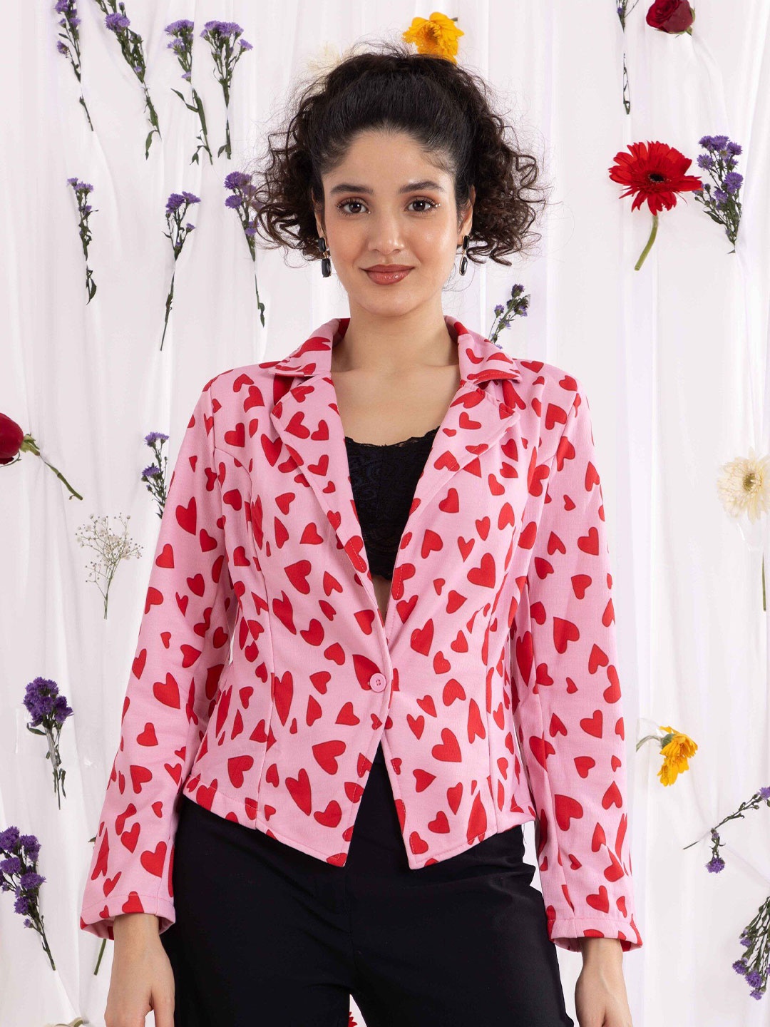 

TANDUL Graphic Printed Lapel Collar Blazer, Pink