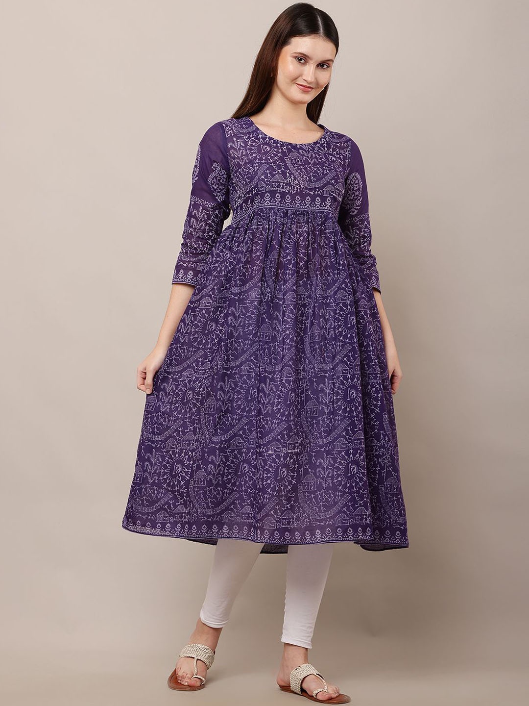 

EZIS FASHION Floral Printed Round Neck Pure Cotton Anarkali Kurta, Purple