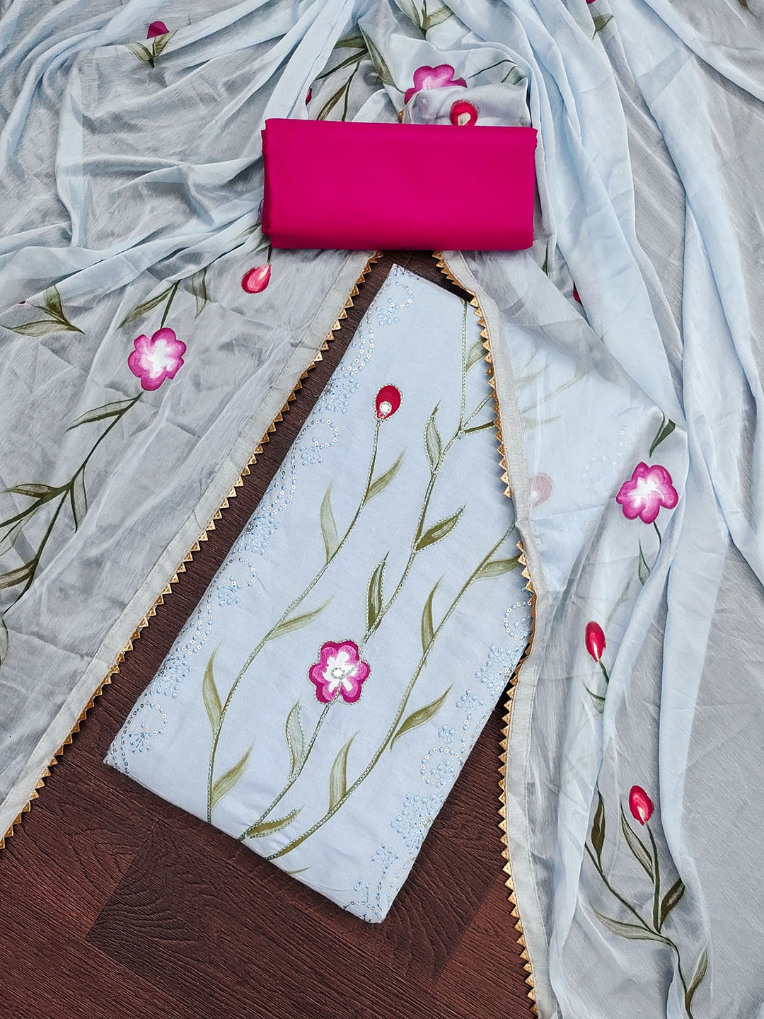

SHADOW & SAINING Floral Embroidered Pure Cotton Semi-Stitched Dress Material, Grey