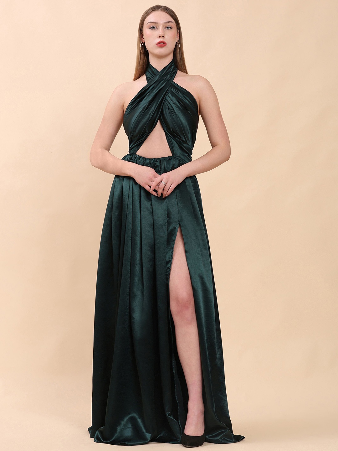 

Phenav Women Halter Neck Maxi Fit & Flare Dress, Teal