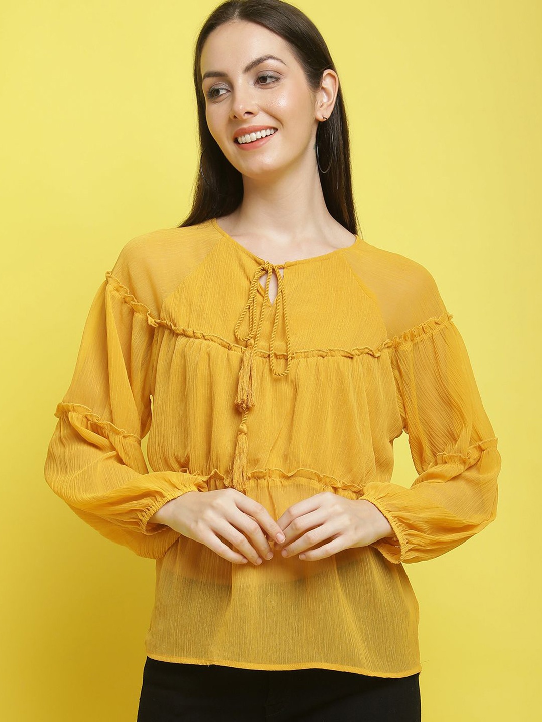 

JAKANARY Tie-Up Neck Puff Sleeve Top, Yellow