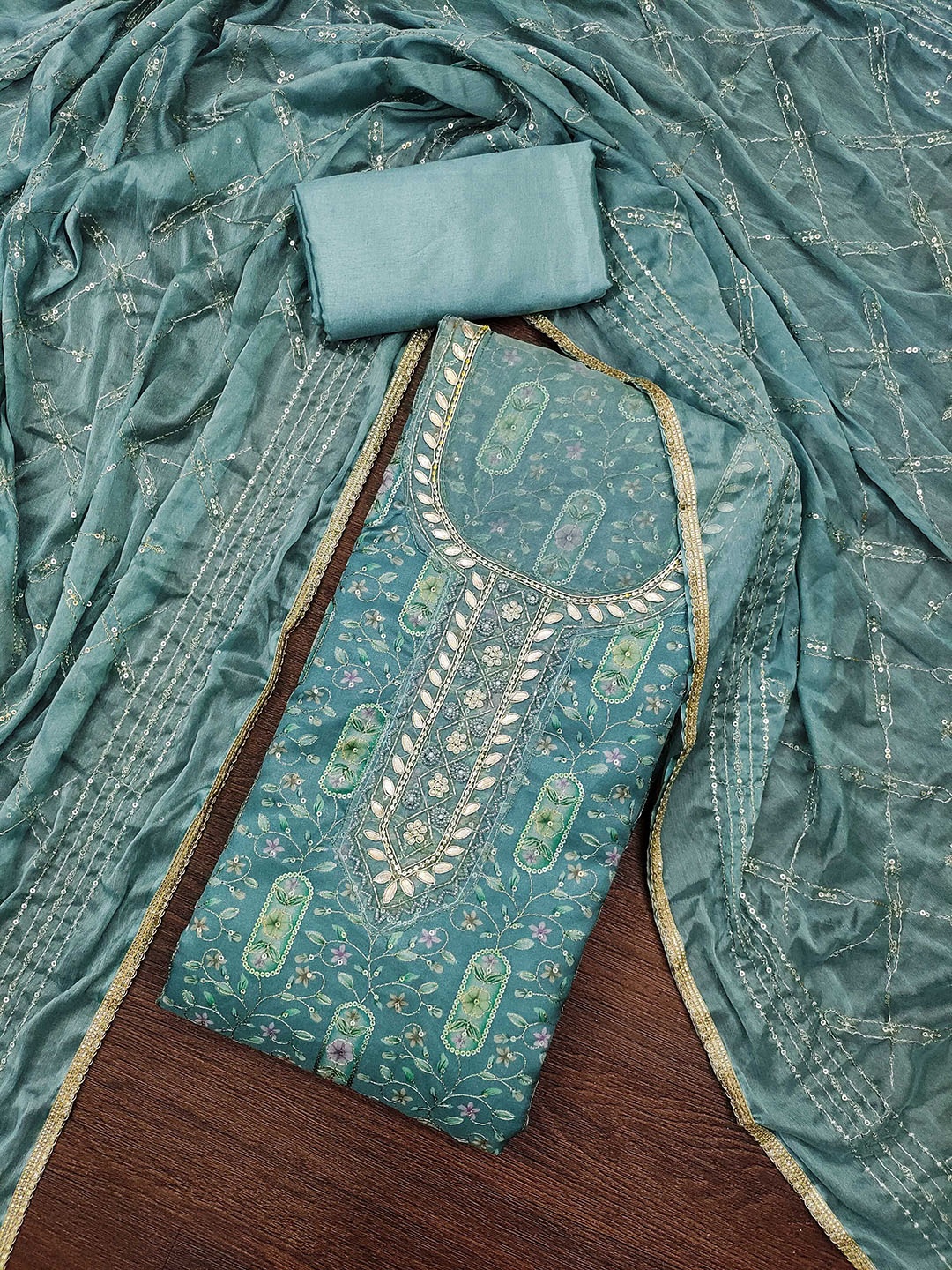 

SHADOW & SAINING Floral Embroidered Sequinned Organza Unstitched Dress Material, Sea green