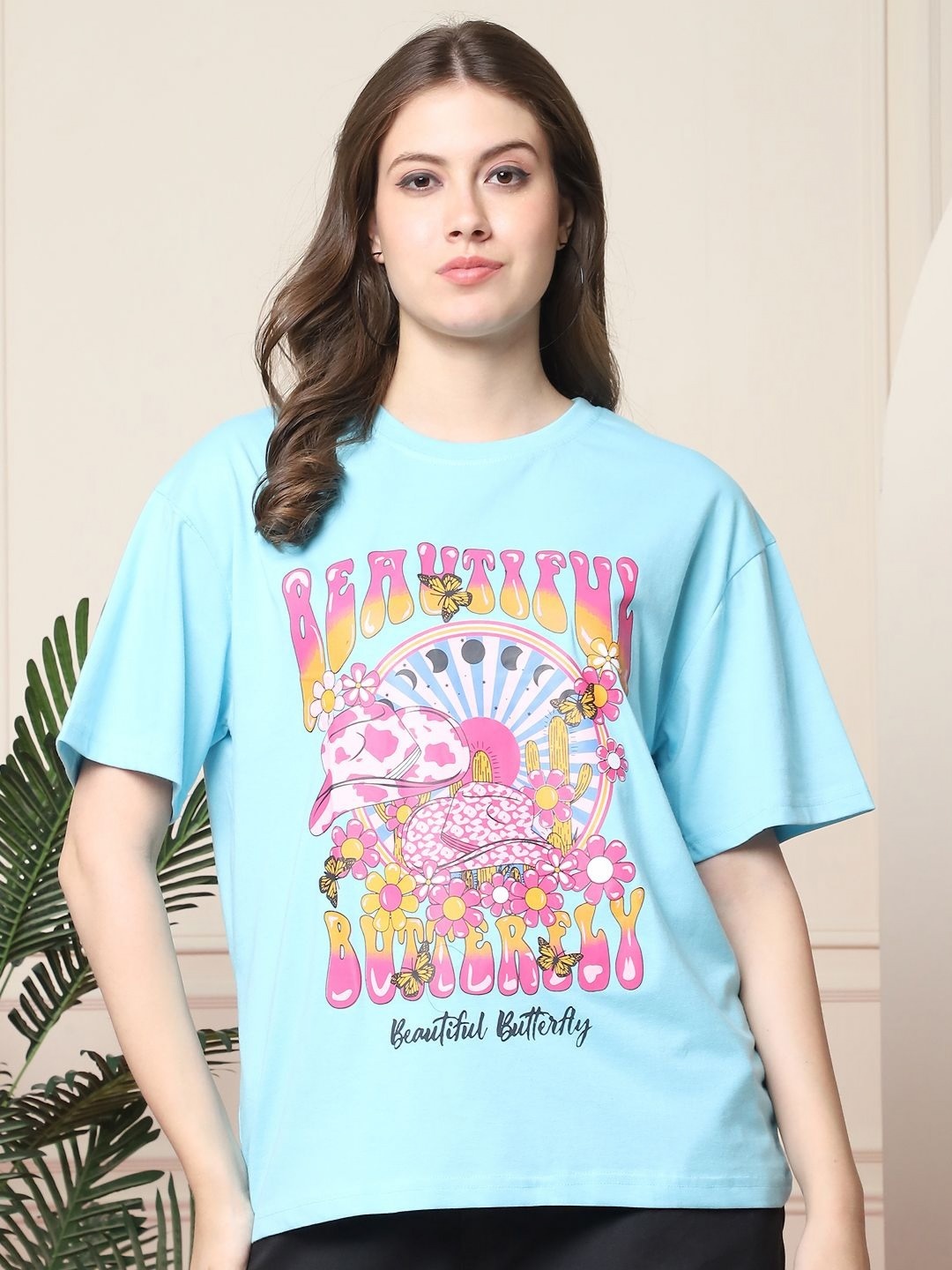 

Tromko Women Graphic Printed Round Neck Cotton Oversized T-shirt, Blue
