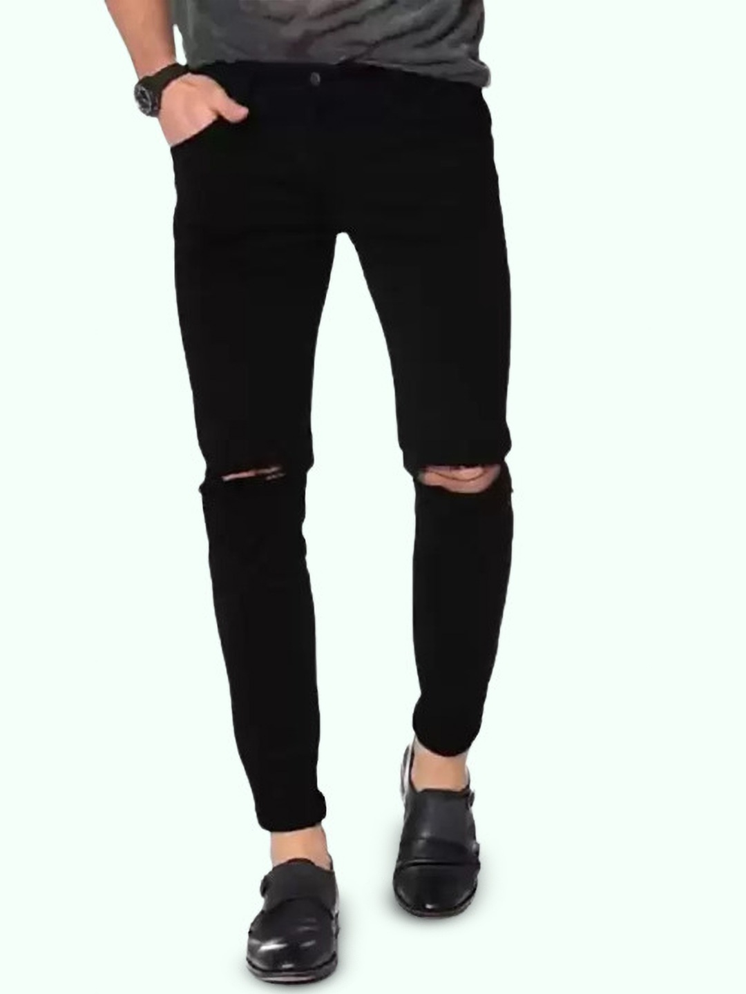 

COMFITS Men Classic Regular Fit Slash Knee Stretchable Jeans, Black