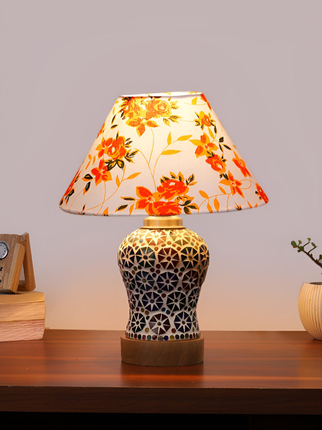 

Devansh White Floral Printed Wooden Frustum Shaped Table Lamp With Mosaic Glass Base