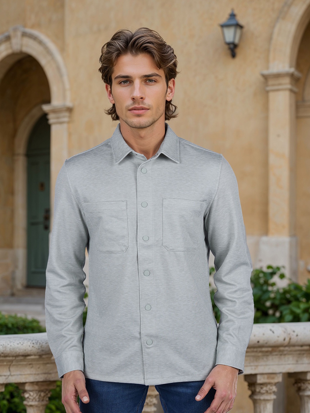 

Celio Men Textured Spread Collar Shacket, Grey