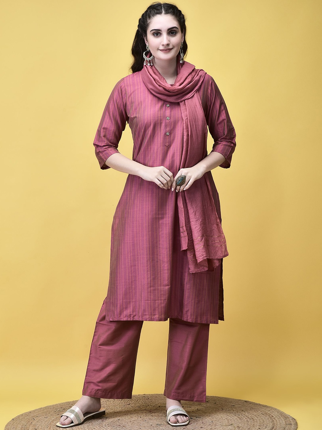 

Shree Striped Round Neck Straight Kurta With Trouser And Dupatta, Pink