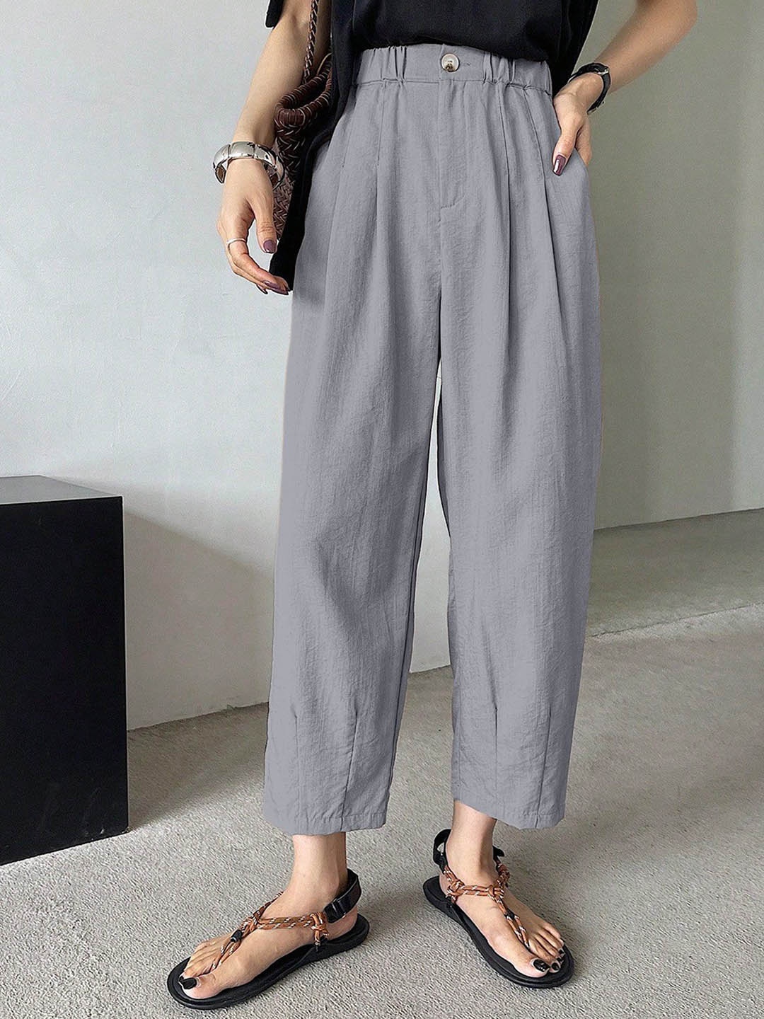 

Aahwan Women Loose Fit High-Rise Pleated Korean Pants Trousers, Grey