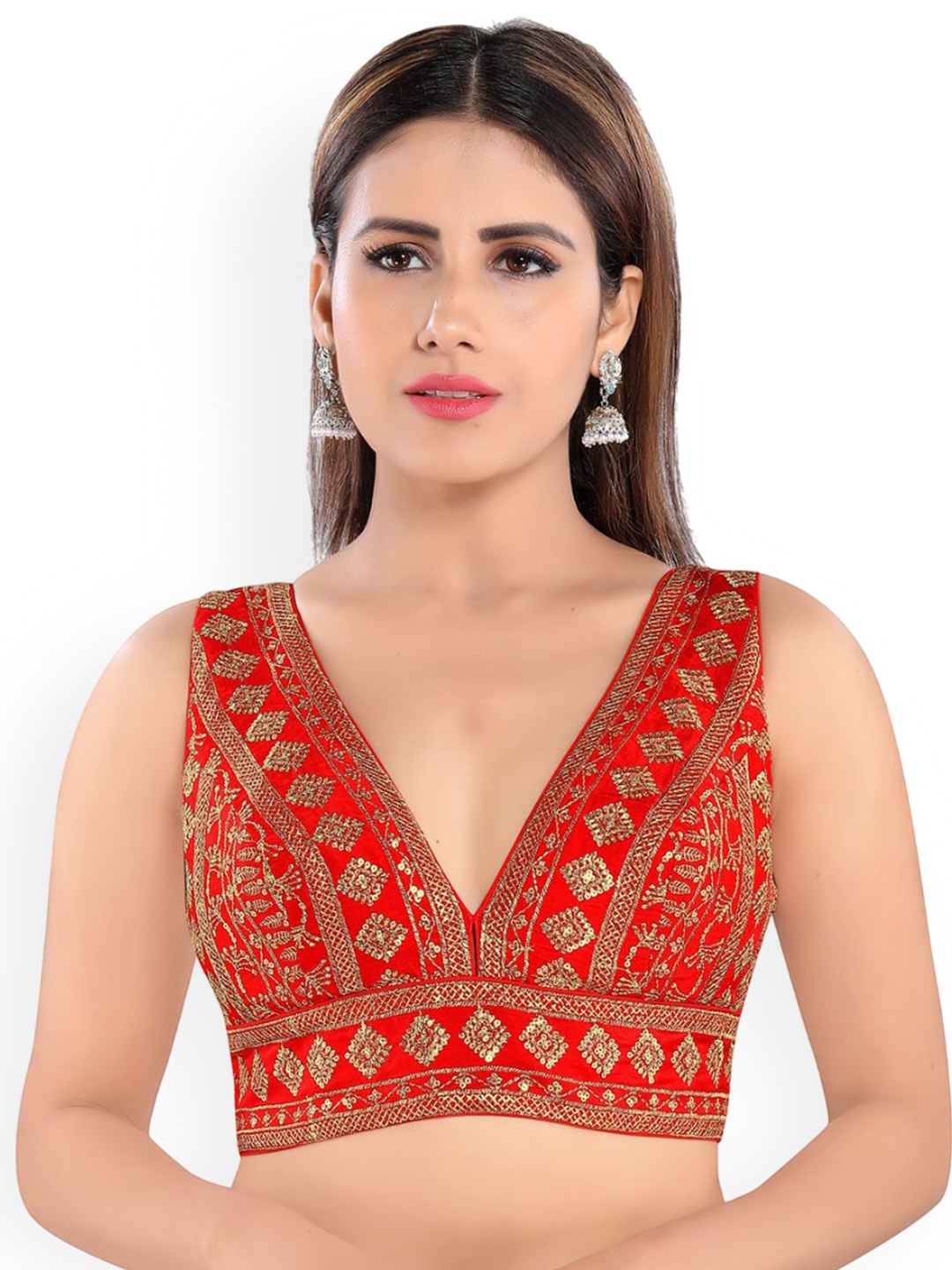 

VAMAS - THE DESIGNER BLOUSES Women V-Neck Padded Saree Blouse, Red