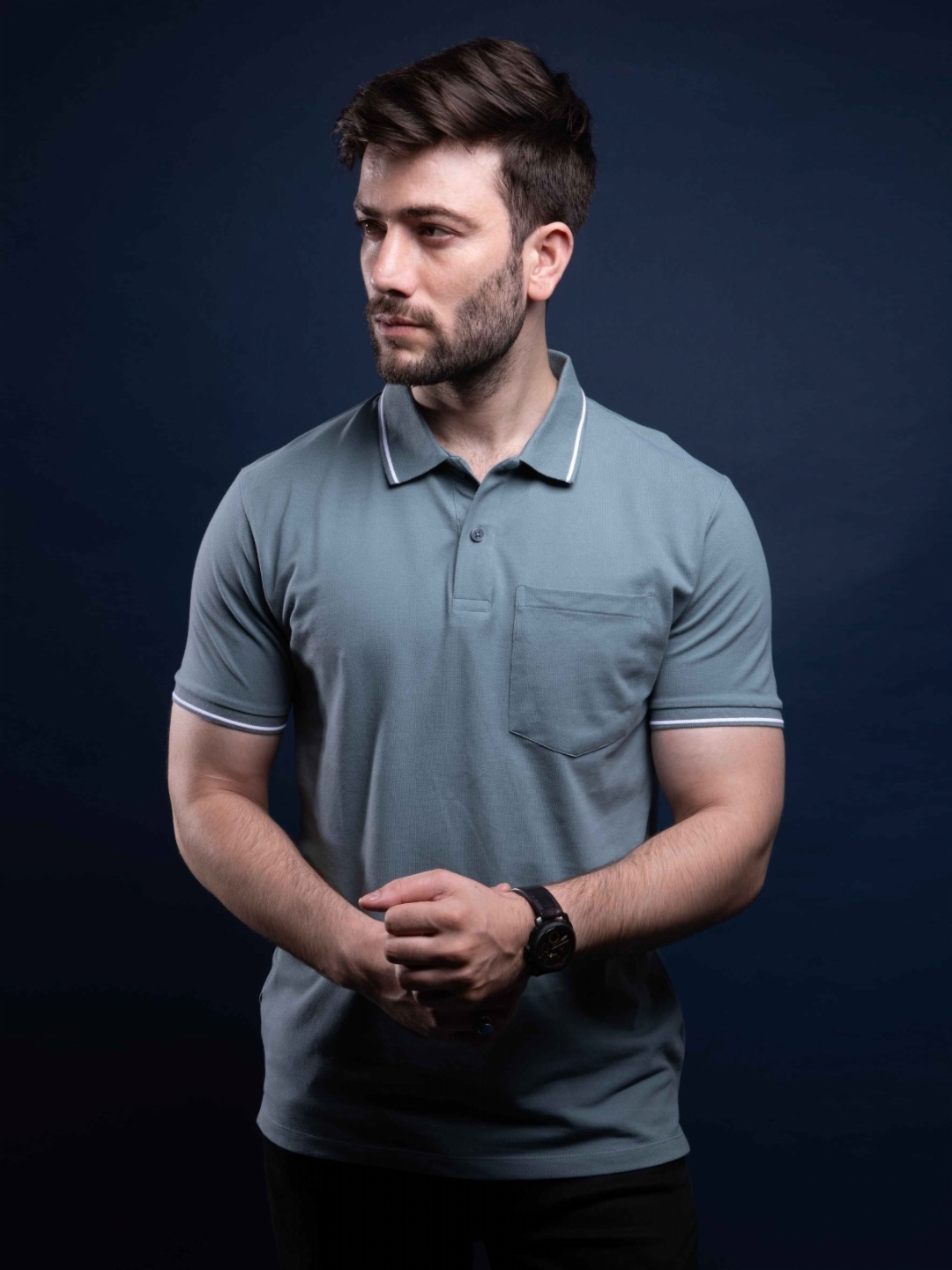 

MAXZONE Polo Collar Short Sleeves Pocket Cotton T-shirt, Blue