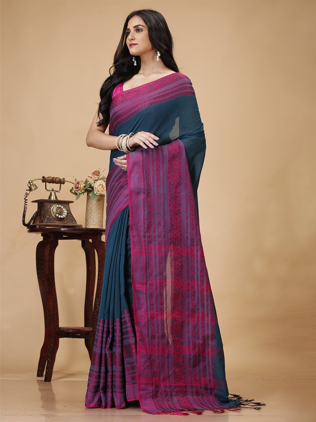 

SLAGHA Woven Design Border Saree, Teal