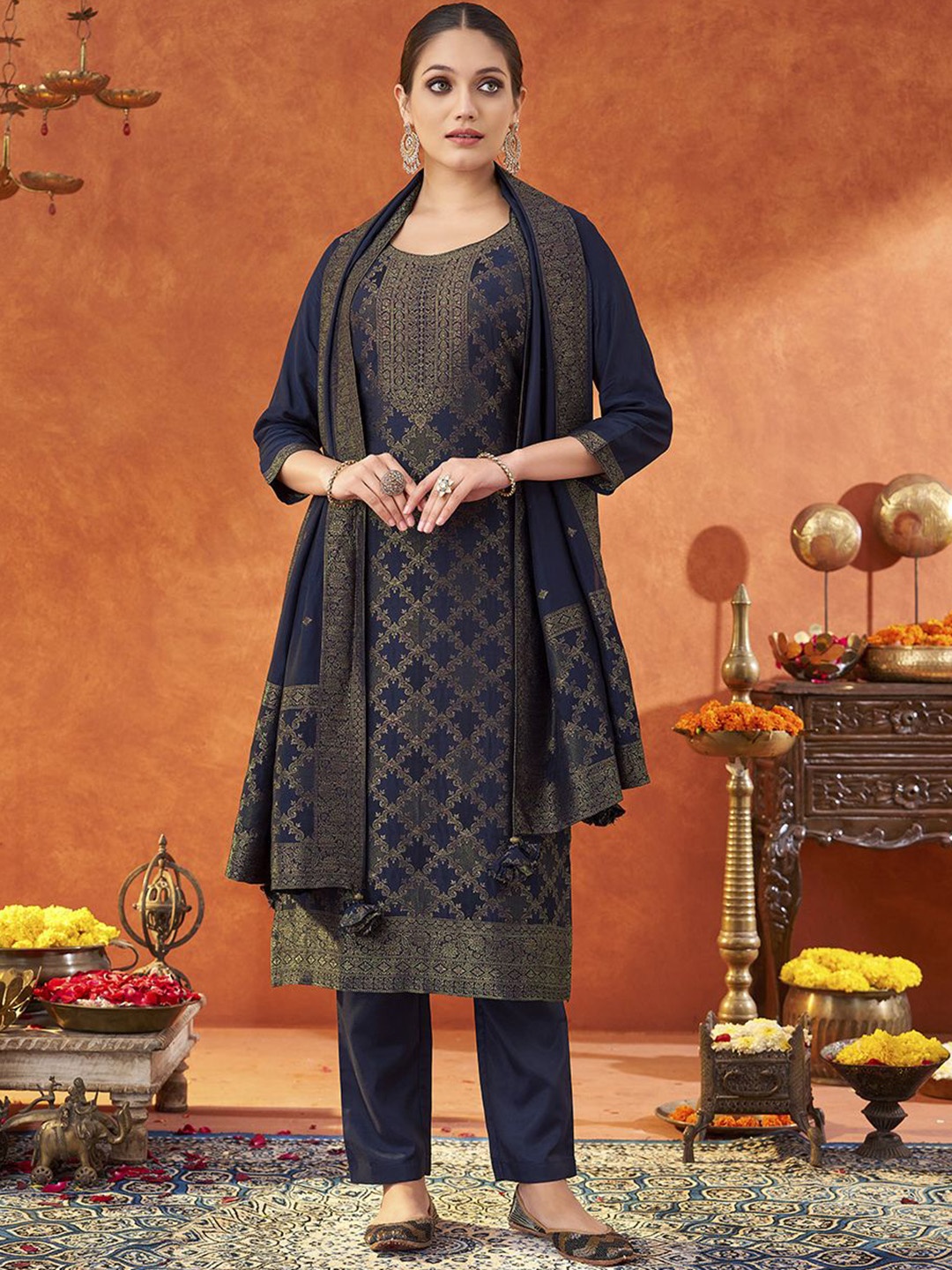 

DIVASTRI Women Regular Pure Cotton Kurta with Trousers & With Dupatta, Navy blue