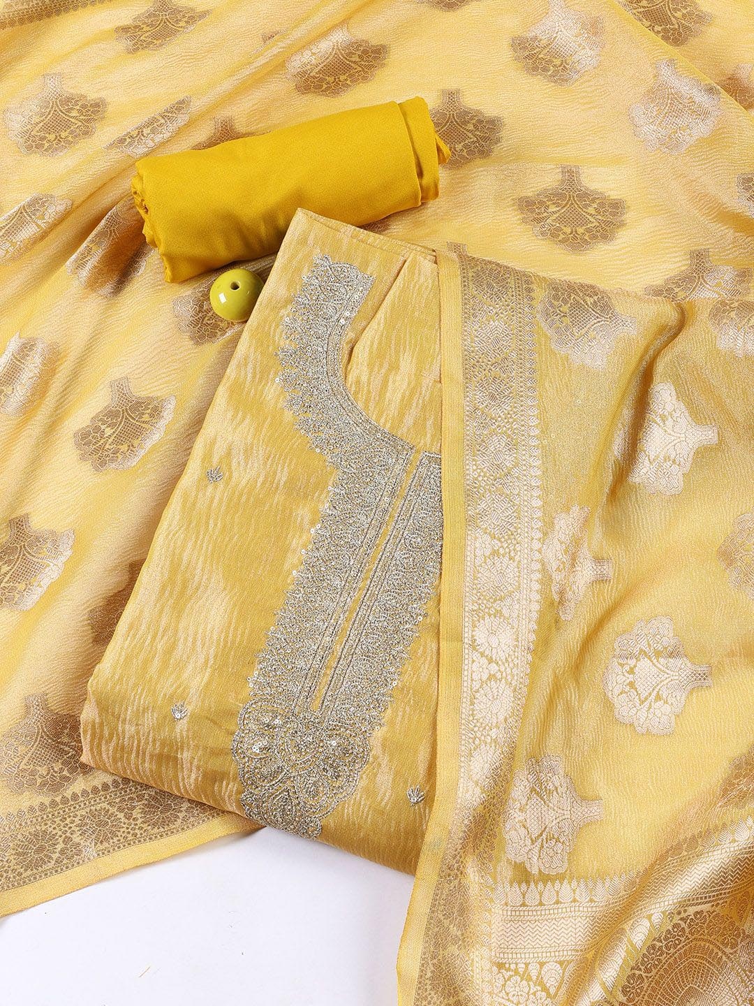 

Meena Bazaar Ethnic Motifs Embroidered Sequinned Unstitched Dress Material, Yellow