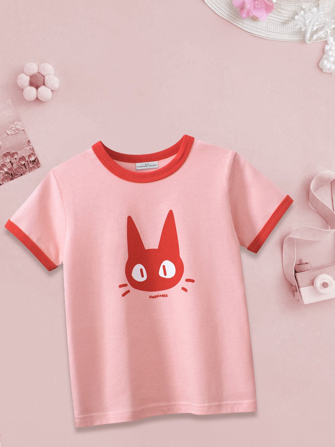 

FOREVER FRIDAY Girls Animal Printed Round Neck Short Sleeves Pure Cotton T-shirt, Pink