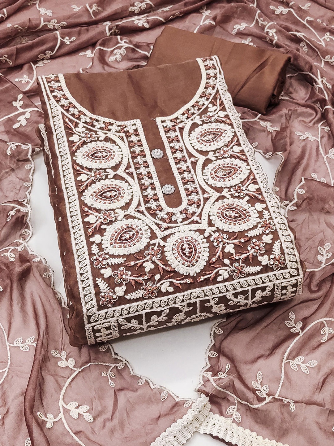 

SHADOW & SAINING Floral Embroidered Sequinned Organza Unstitched Dress Material, Rust