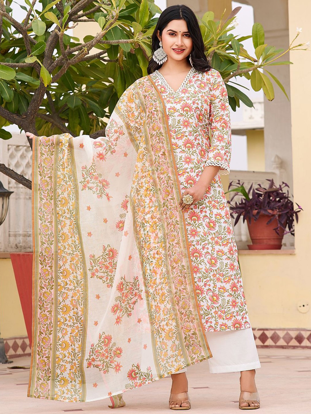 

Moda Rapido Floral Printed Round Neck Striaght Kurta with Trousers & Dupatta, Off white
