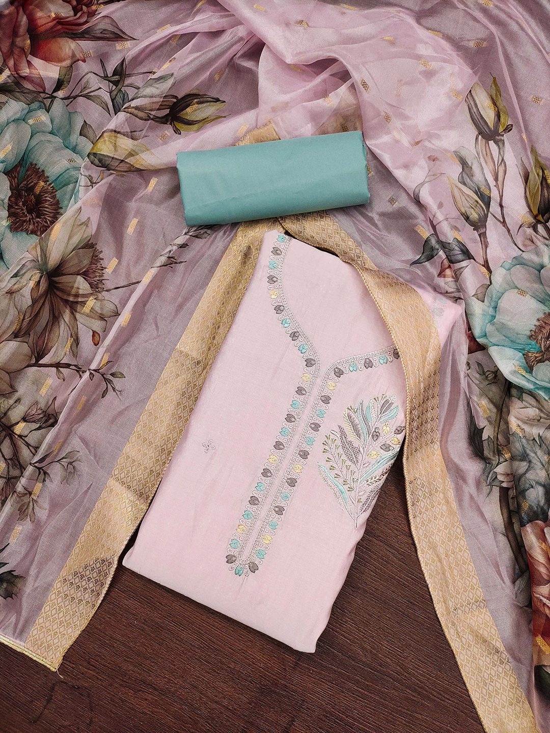 

SHADOW & SAINING Floral Embroidered Sequinned Pure Silk Semi-Stitched Dress Material, Pink