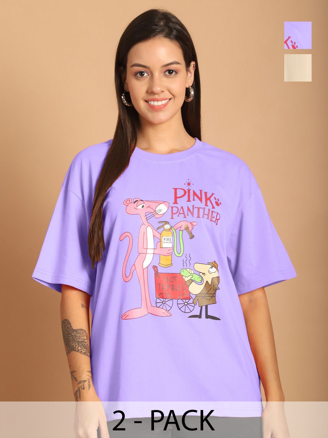 

Tromko Women Pack of 2 Pink Panther Graphic Printed Round Neck Cotton Oversized T-shirts, Lavender