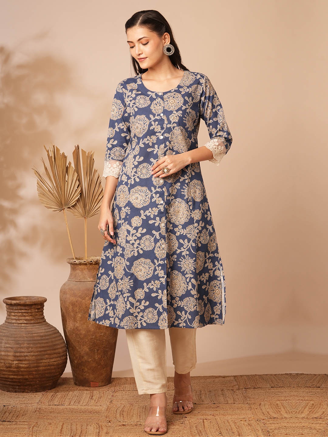 

FASHOR Floral Printed High Slit Round Neck A-Line Kurta, Blue