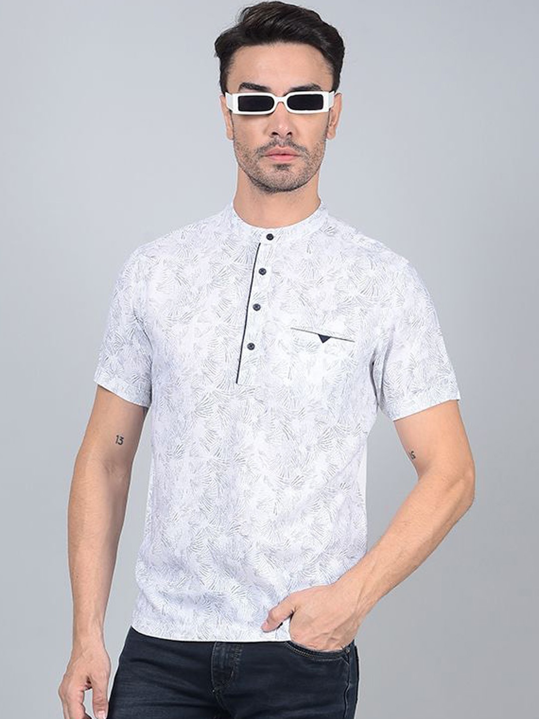 

Crimsoune Club Men Abstract Printed Band Collar Pure Cotton A-Line Kurta, White