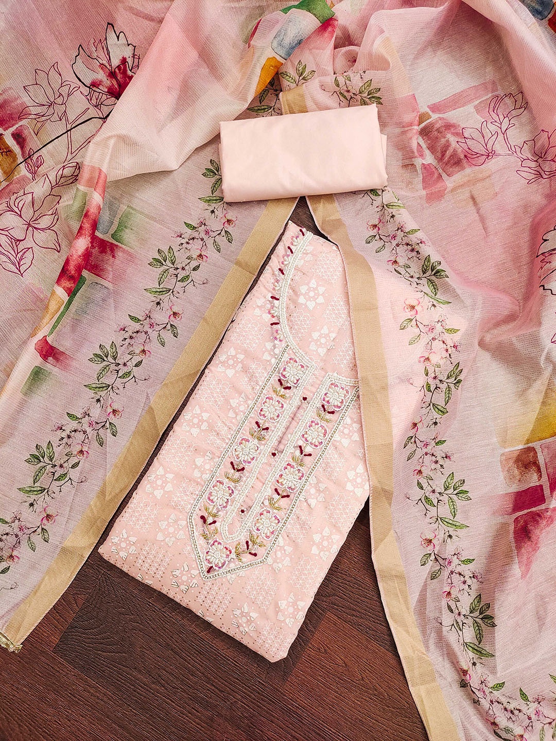 

SHADOW & SAINING Floral Woven Design Zari Semi-Stitched Dress Material, Peach