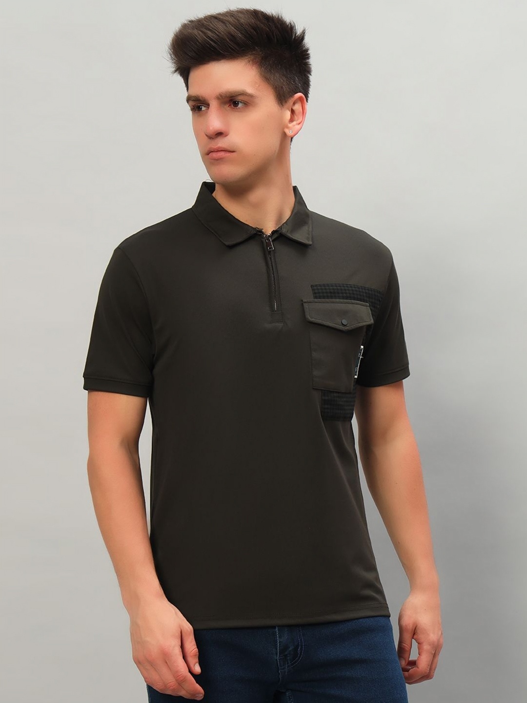 

PROFY Men Solid Polo Collar Cotton T-shirt, Olive