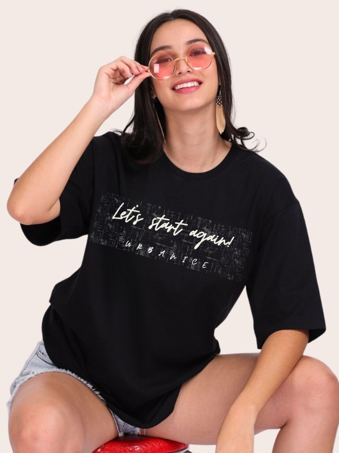 

URBANICE Typography Printed Drop-Shoulder Sleeves Cotton Oversized T-shirt, Black