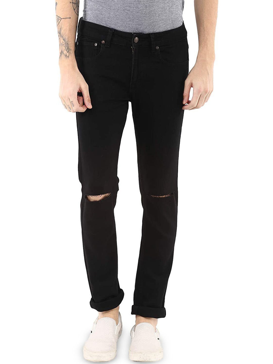 

COMFITS Men Classic Slim Fit Slash Knee Mid-Rise Stretchable Jeans, Black