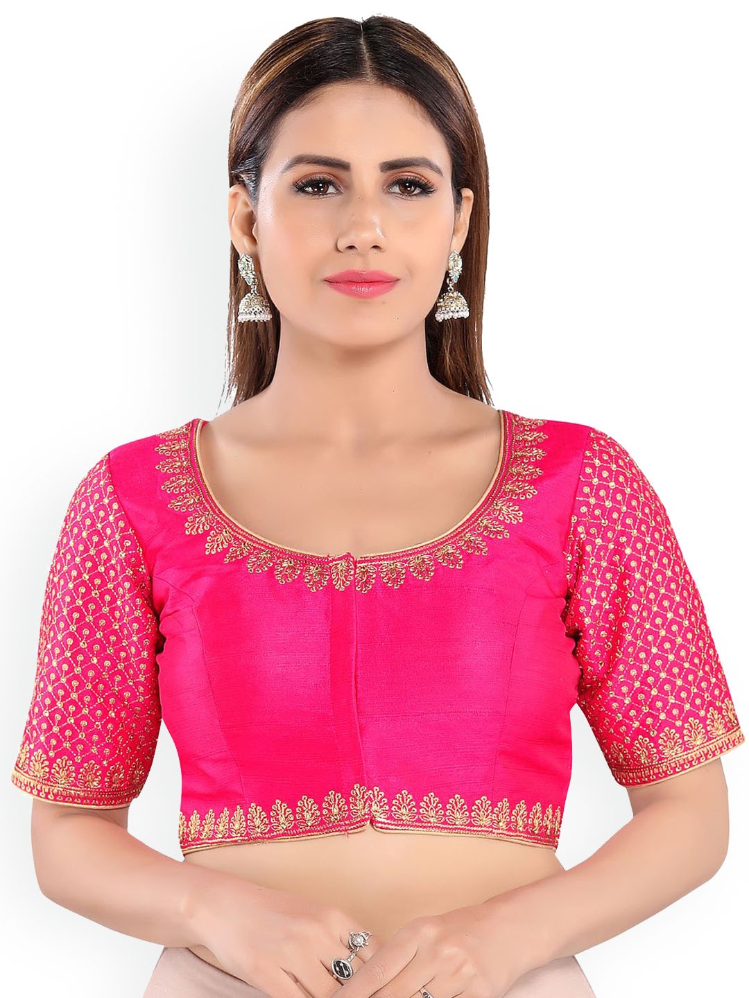 

VAMAS - THE DESIGNER BLOUSES Women Round Neck Padded Saree Blouse, Pink