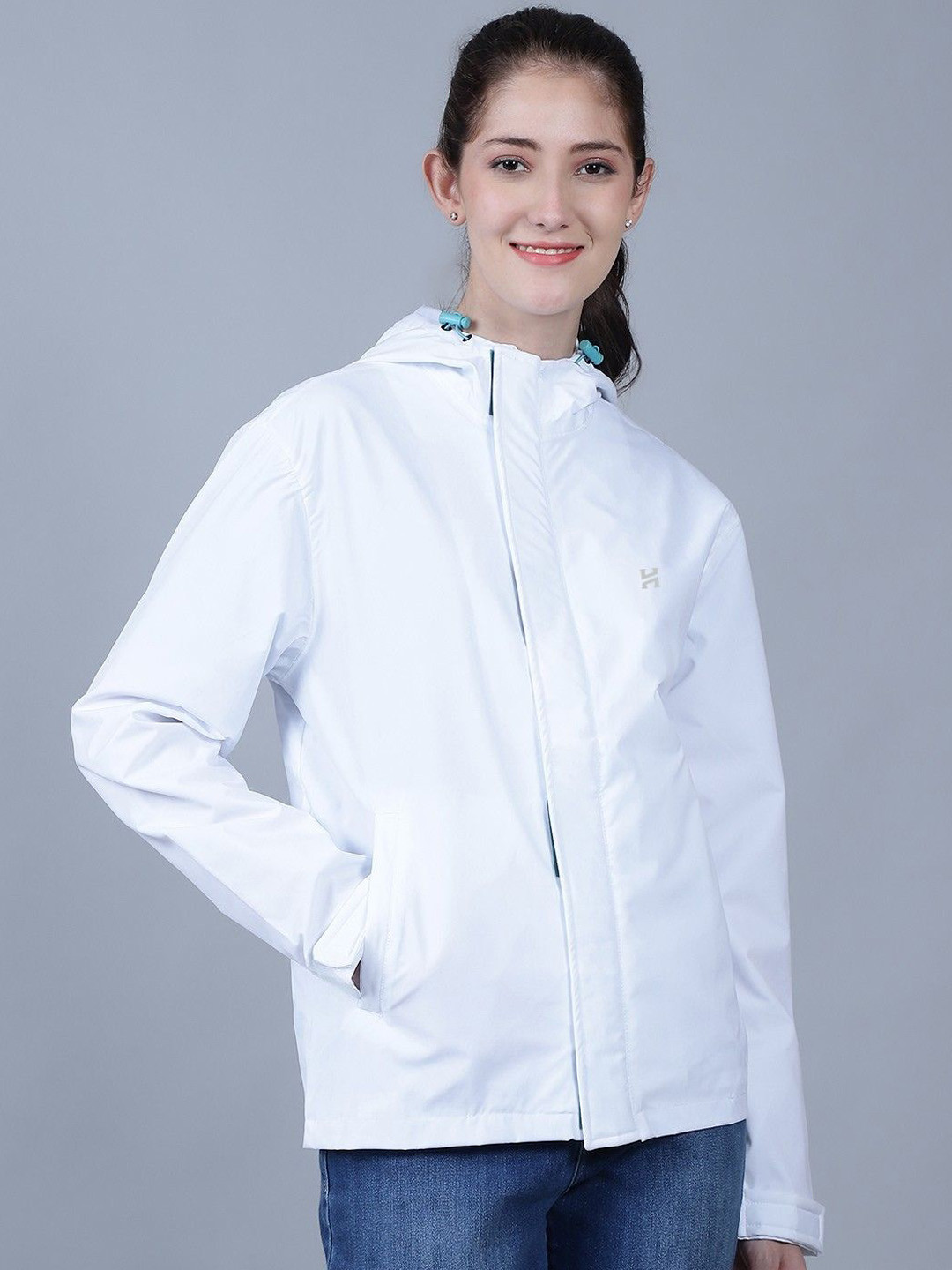 

HOUSE OF VEDAS Women Dry Fit Windcheater and Water Resistant Hooded Outdoor Sporty Jacket, White