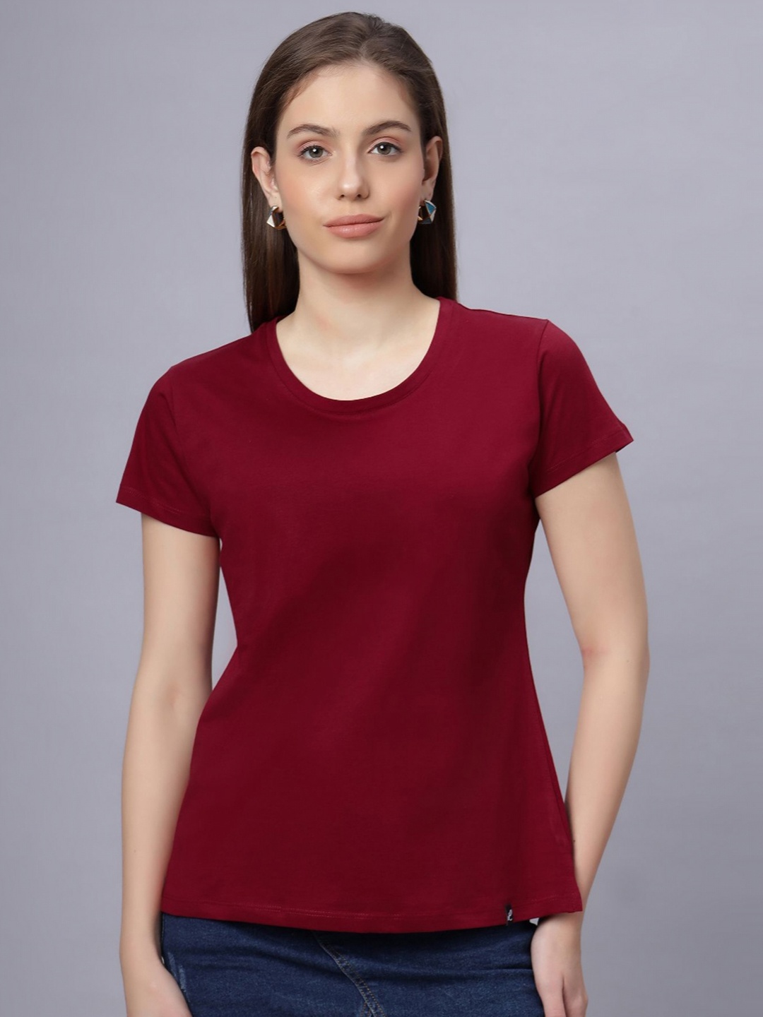 

QUIRA Round Neck Short Sleeves Regular Fit Cotton T-shirt, Maroon