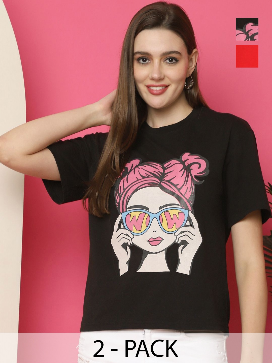 

Tromko Women Pack of 2 Graphic Printed Round Neck Cotton Oversized T-shirts, Black